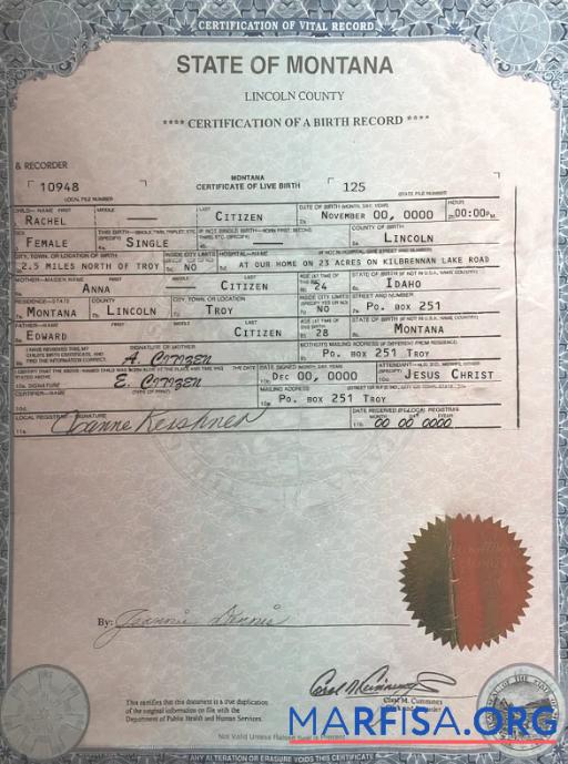 Blank USA Montana state birth certificate template in PSD format